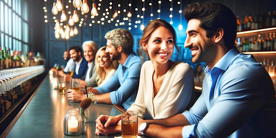 man and woman flirting at singles event in bar