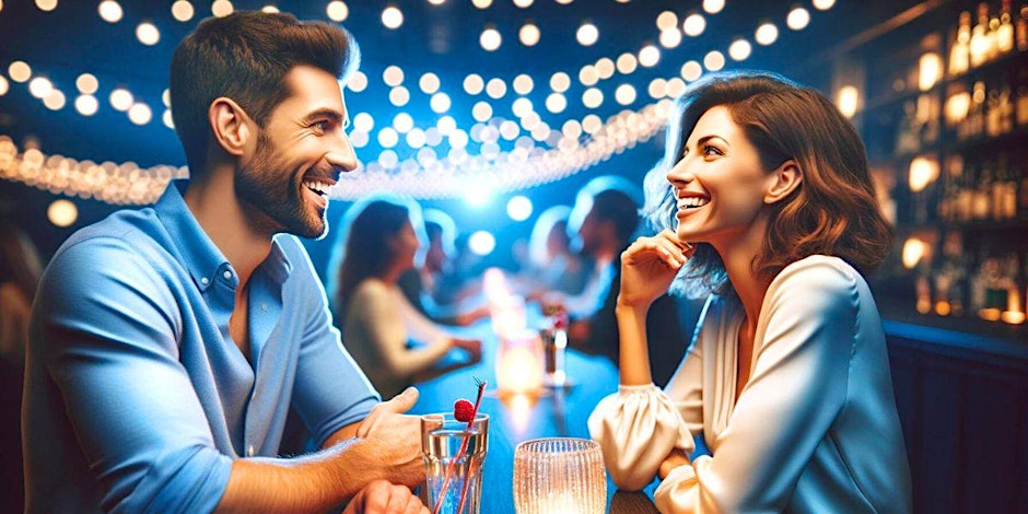 man and woman flirting on a blind dating night