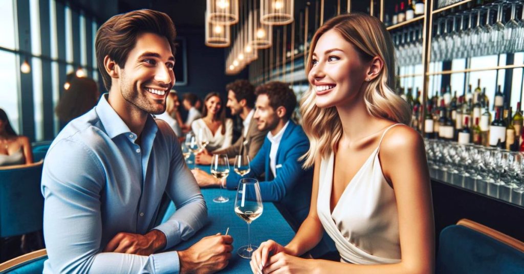 man and woman flirting at a singles event in a bar