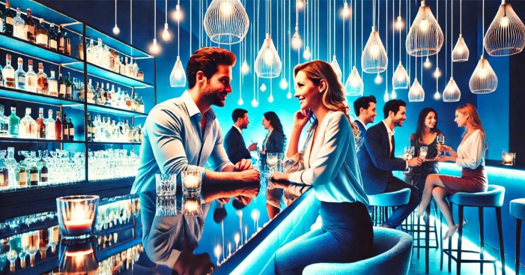 Man and woman flirting at singles event at a bar