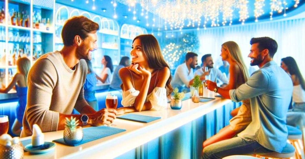 singles flirting at a speed dating event in a bar