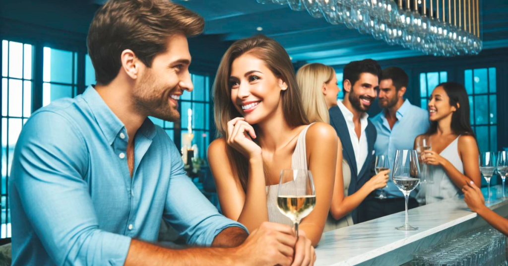 man and woman flirting on a blind date at a bar