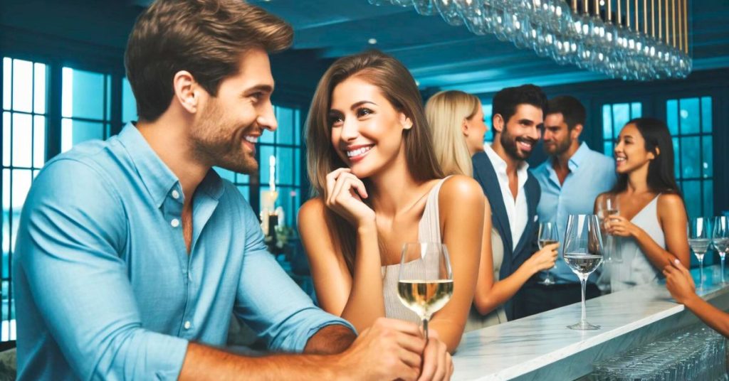 man and woman flirting at a singles event in a bar