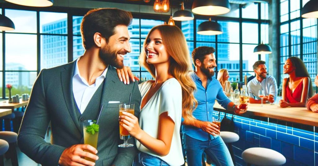 man and woman mingling at singles event in a bar