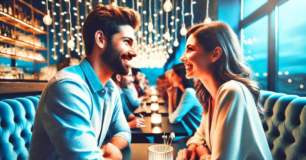 man and woman on at singles event in a bar