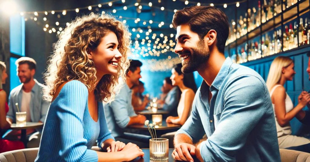 couple chatting at over 40s speed dating event in a bar