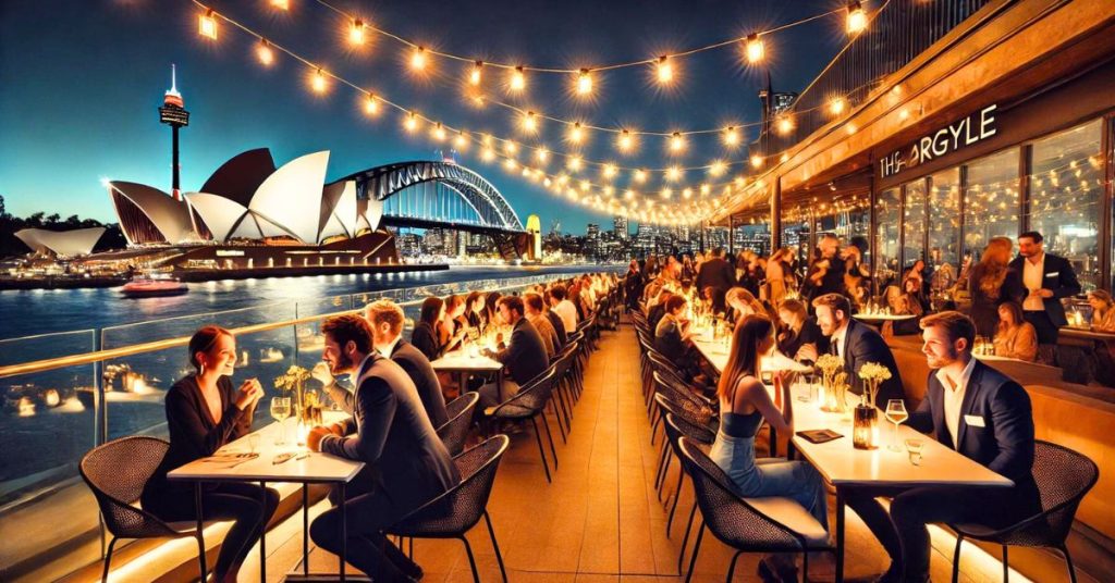 Sydney speed dating event at the Argyle overlooking the Sydney Harbor Bridge and Opera House in NSW, Australia