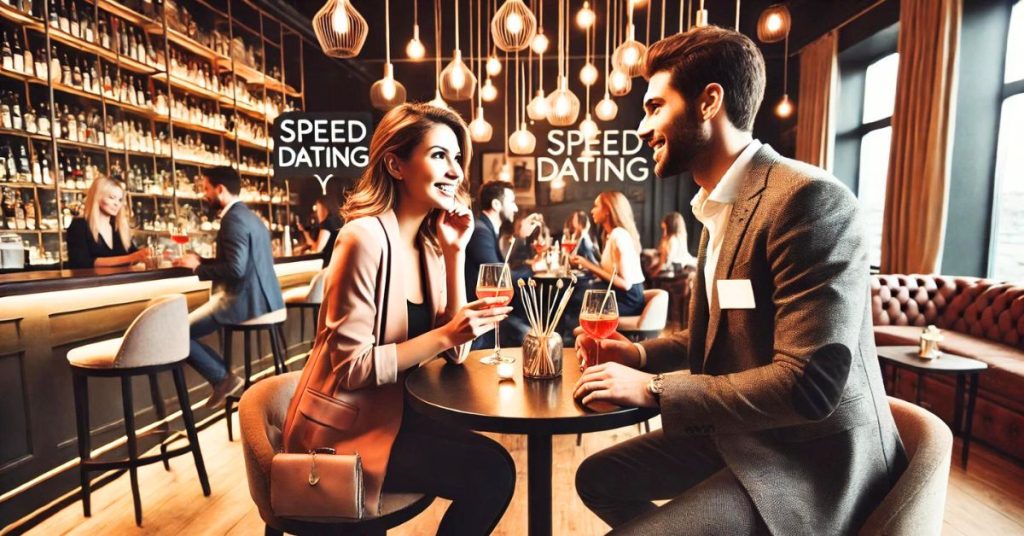 man and woman having a balanced conversation on a blind date in a bar