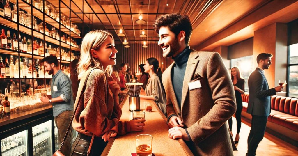 man being confident on a date at a singles party in a bar