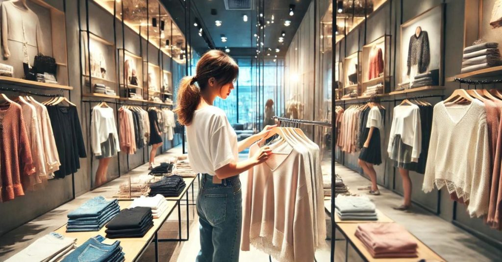 woman at shop choosing blouse with tailored pants and casual dress with cardigan