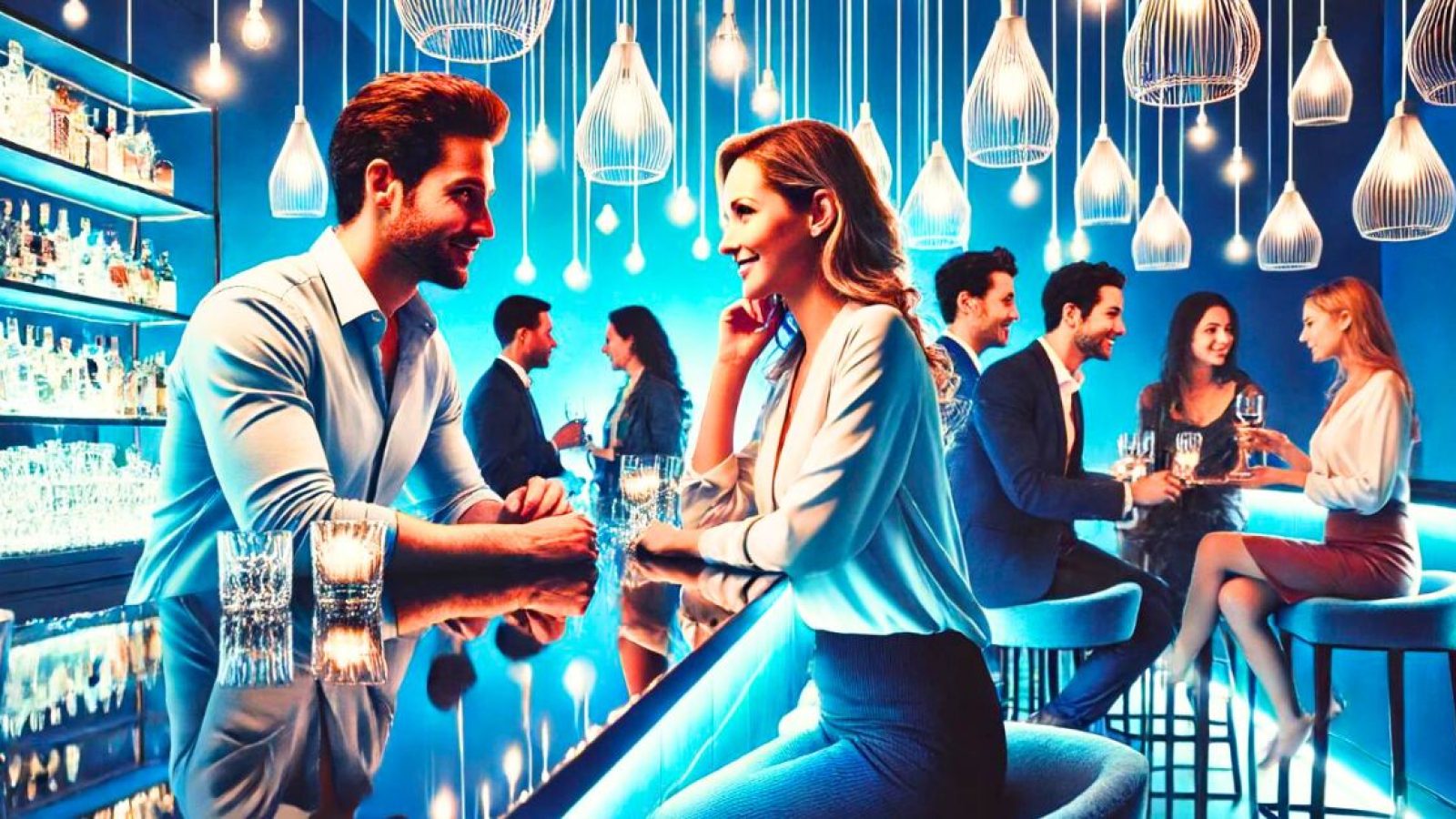 man and woman flirting on a blind date in a bar