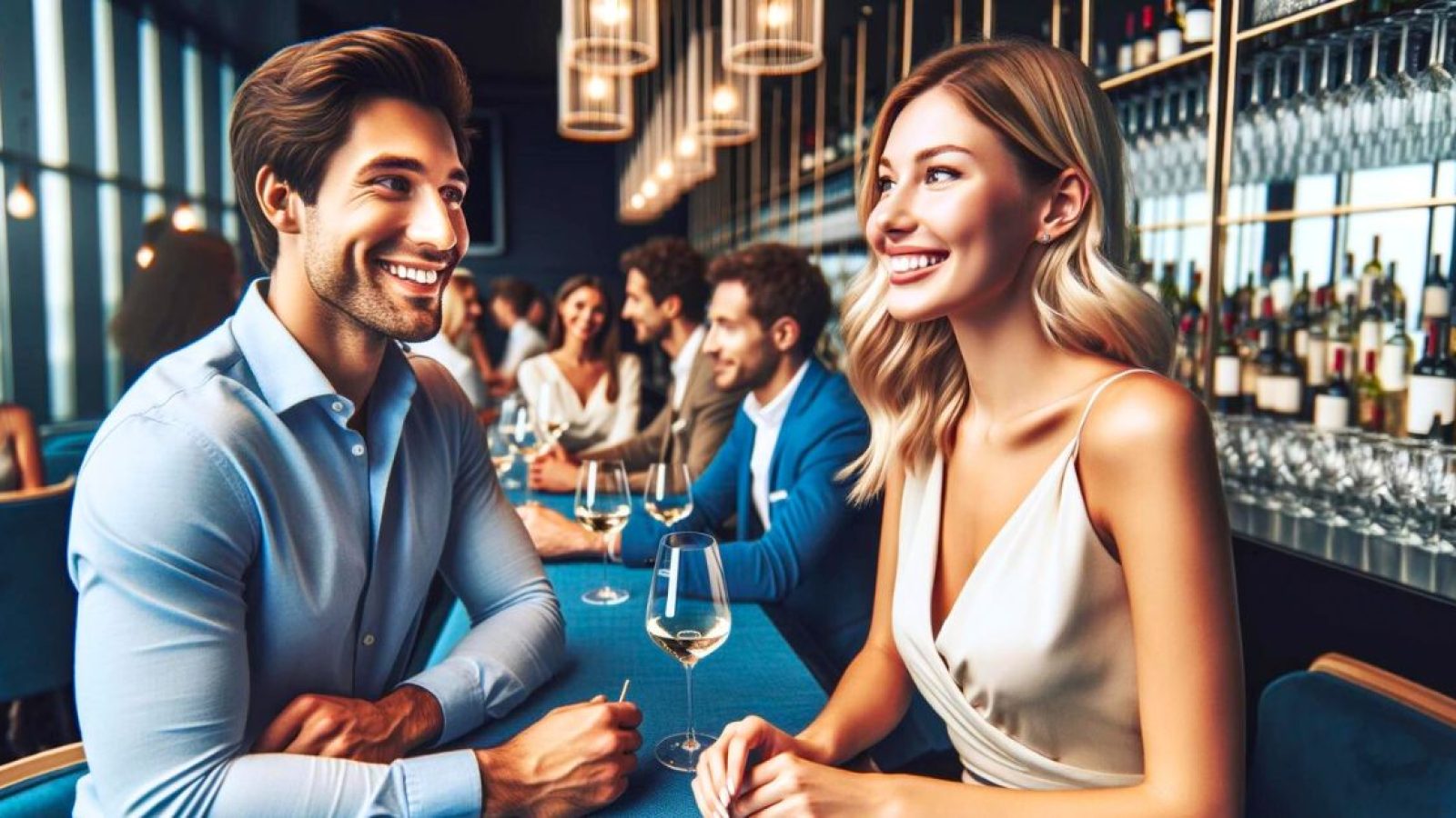 single man and woman on a speed date at a bar with other couples in background