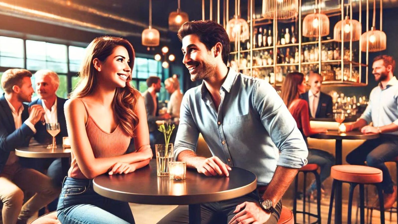 man and woman flirting at a singles event in a bar