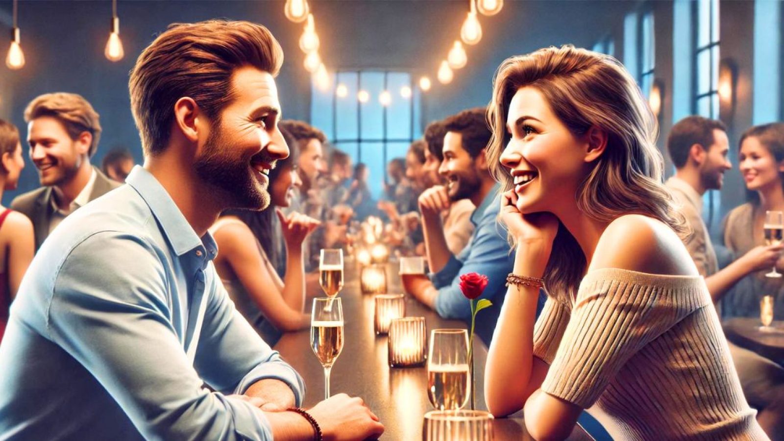 man and woman at a speed dating in a bar