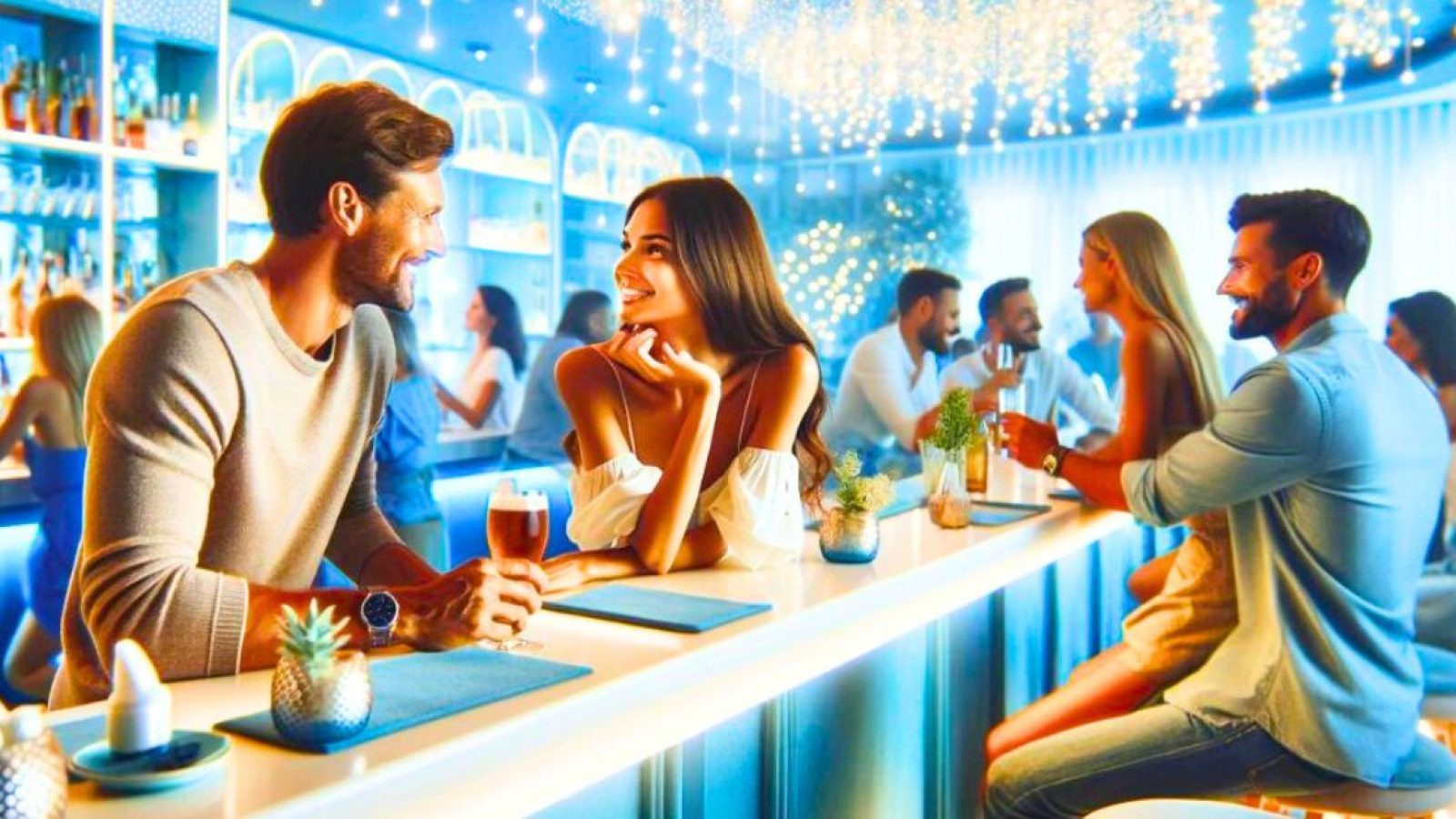 singles flirting at a speed dating event in a bar