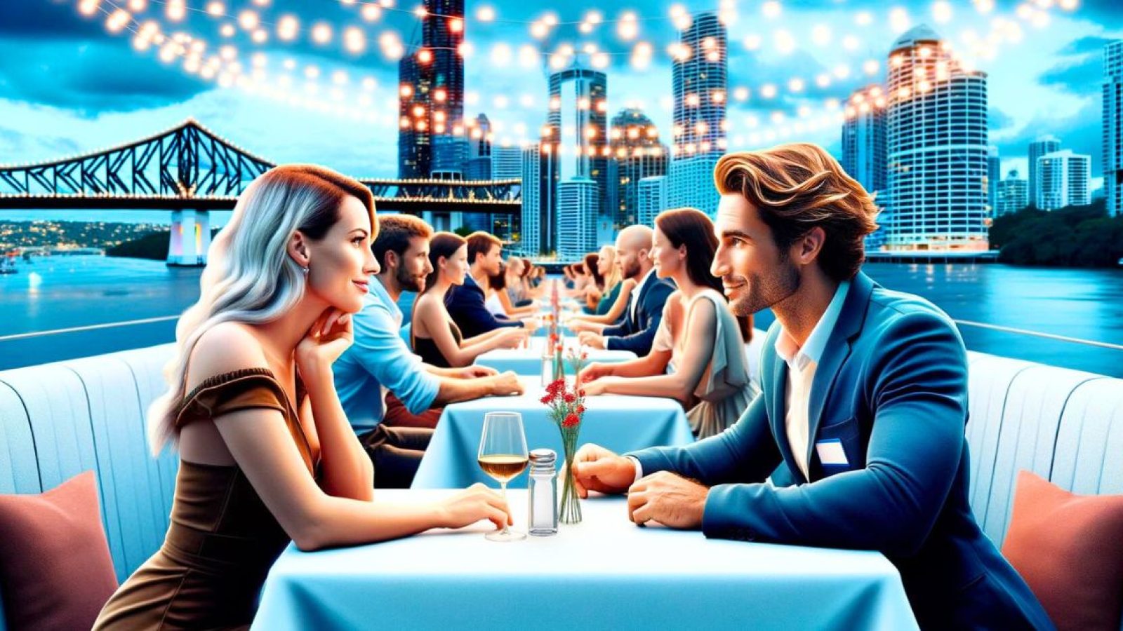 man and woman talking at blind dating event in a bar