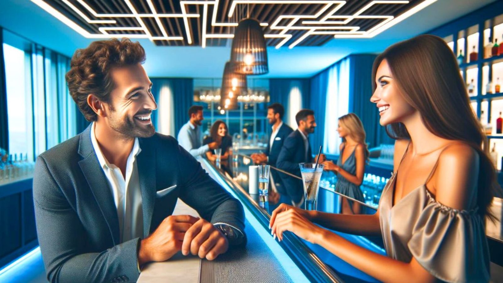 man and woman on a date at a singles event in a bar