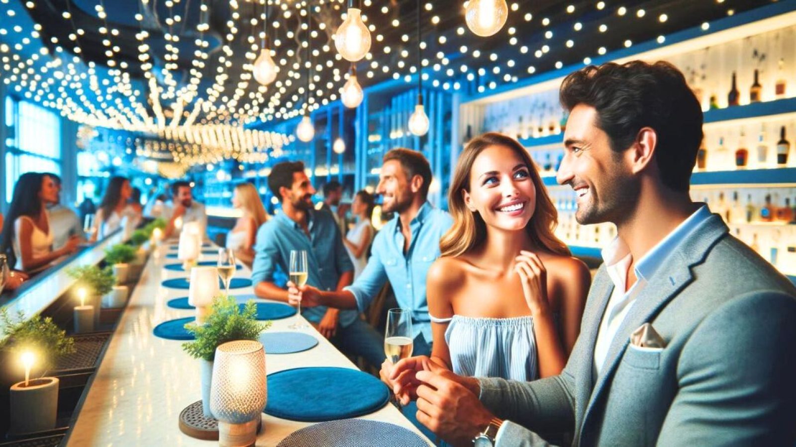singles flirting at a speed dating night at a bar