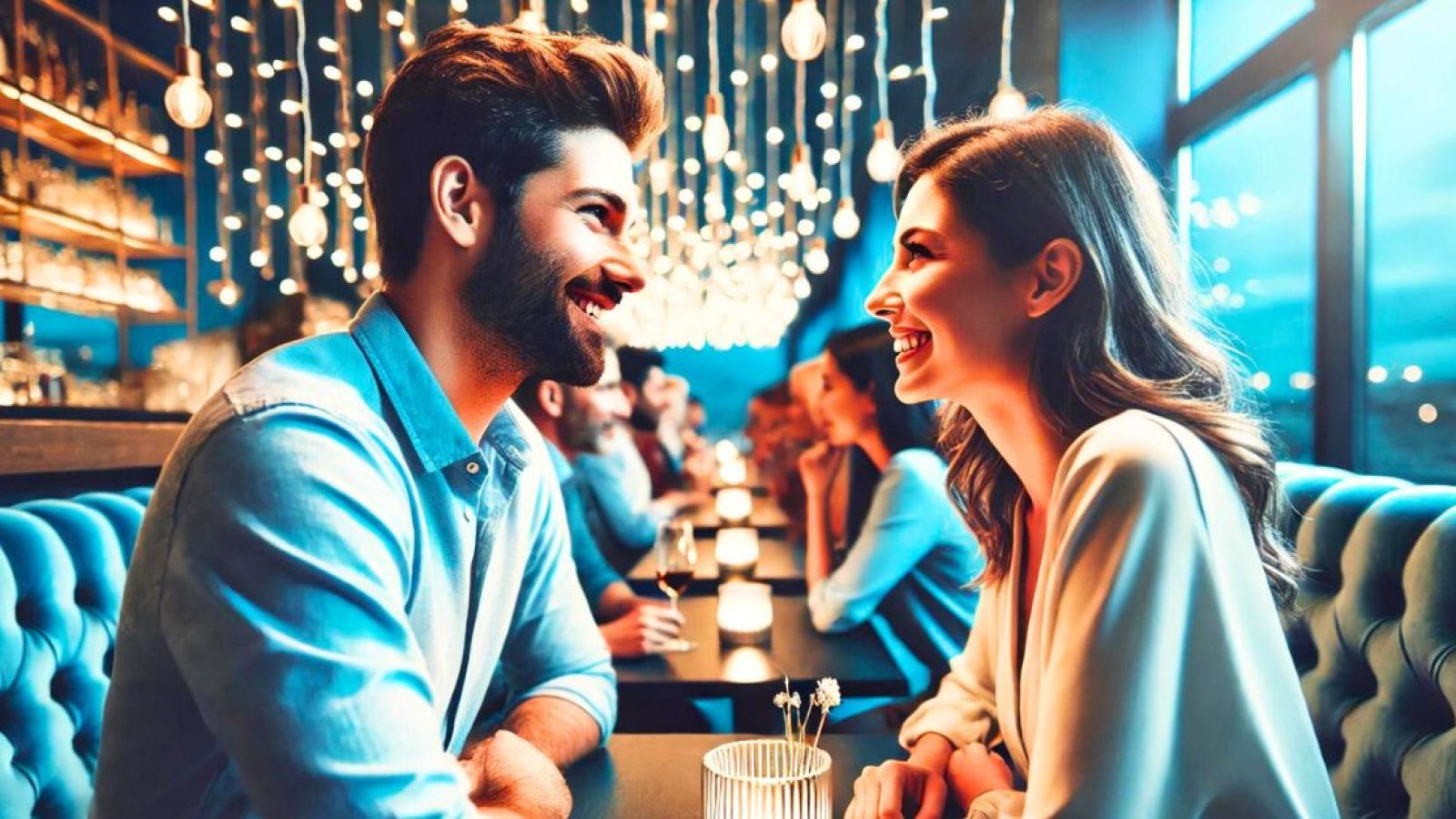 man and woman on at singles event in a bar