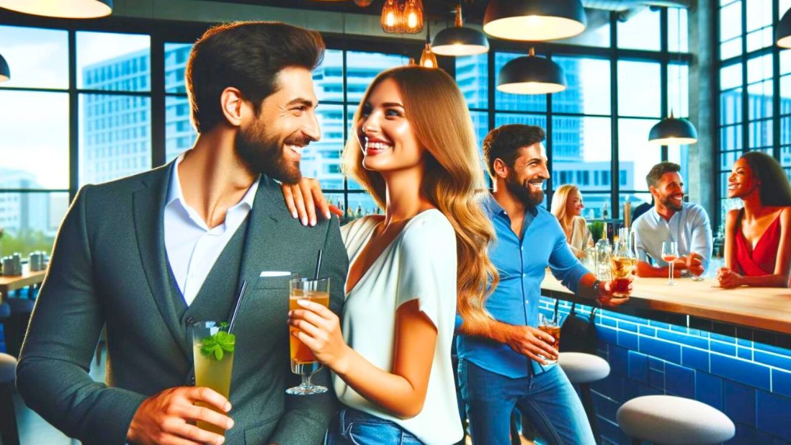 man and woman mingling at singles event in a bar