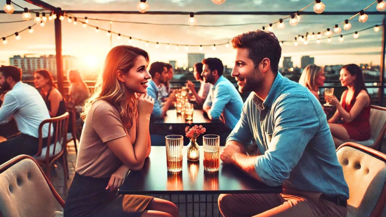 man and woman at blind dating event in a bar