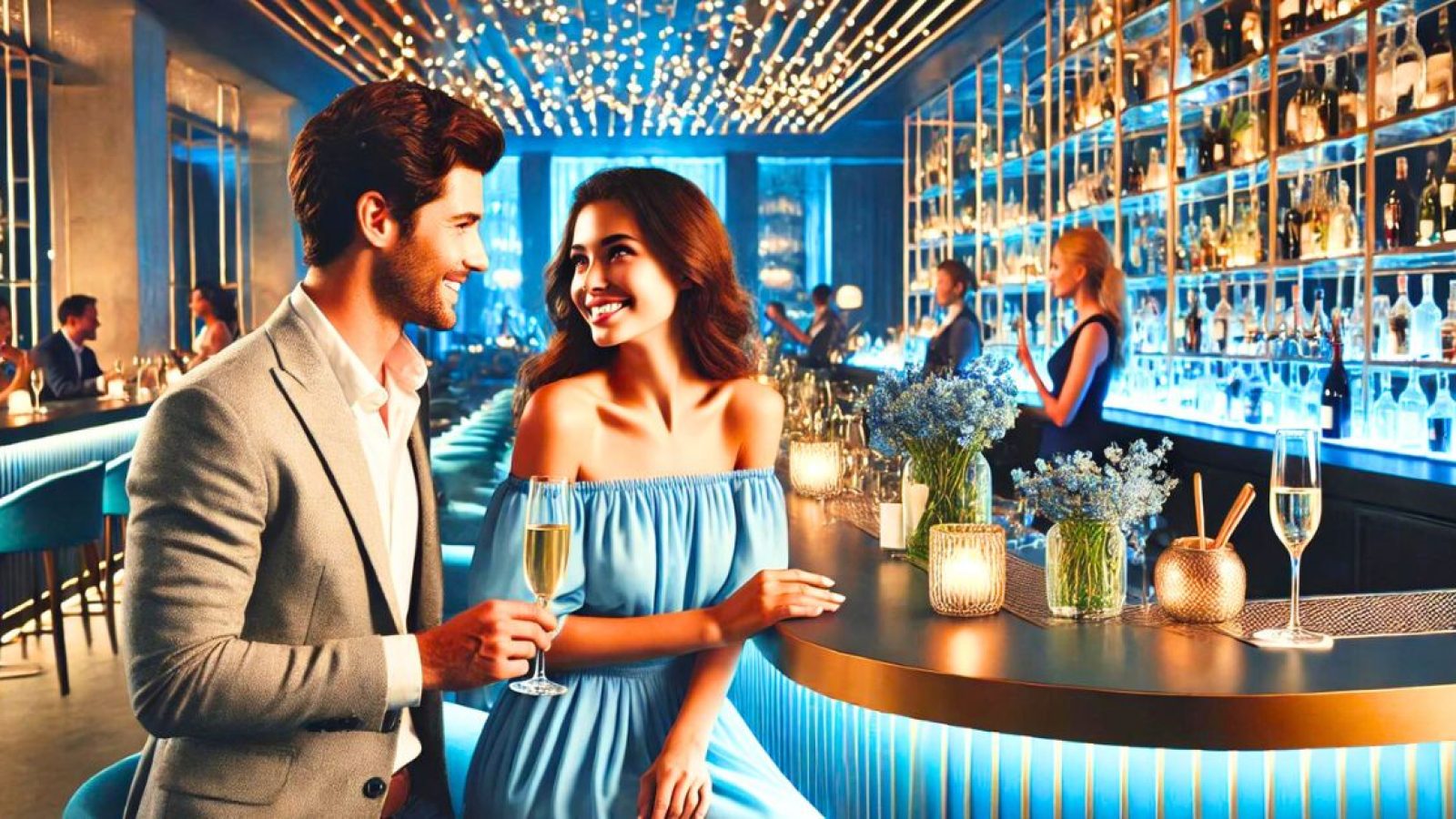 man and woman flirting at singles event at a bar
