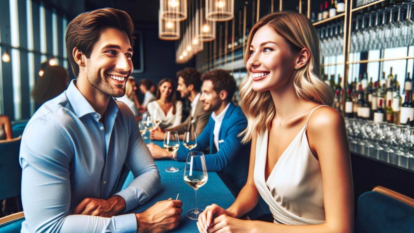 man and woman flirting at a singles event in a bar