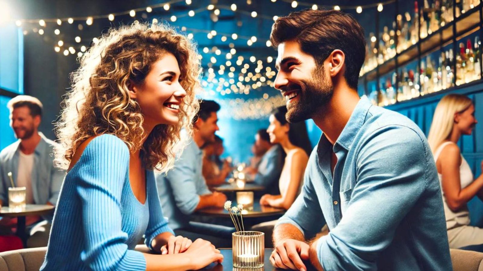 couple chatting at over 40s speed dating event in a bar