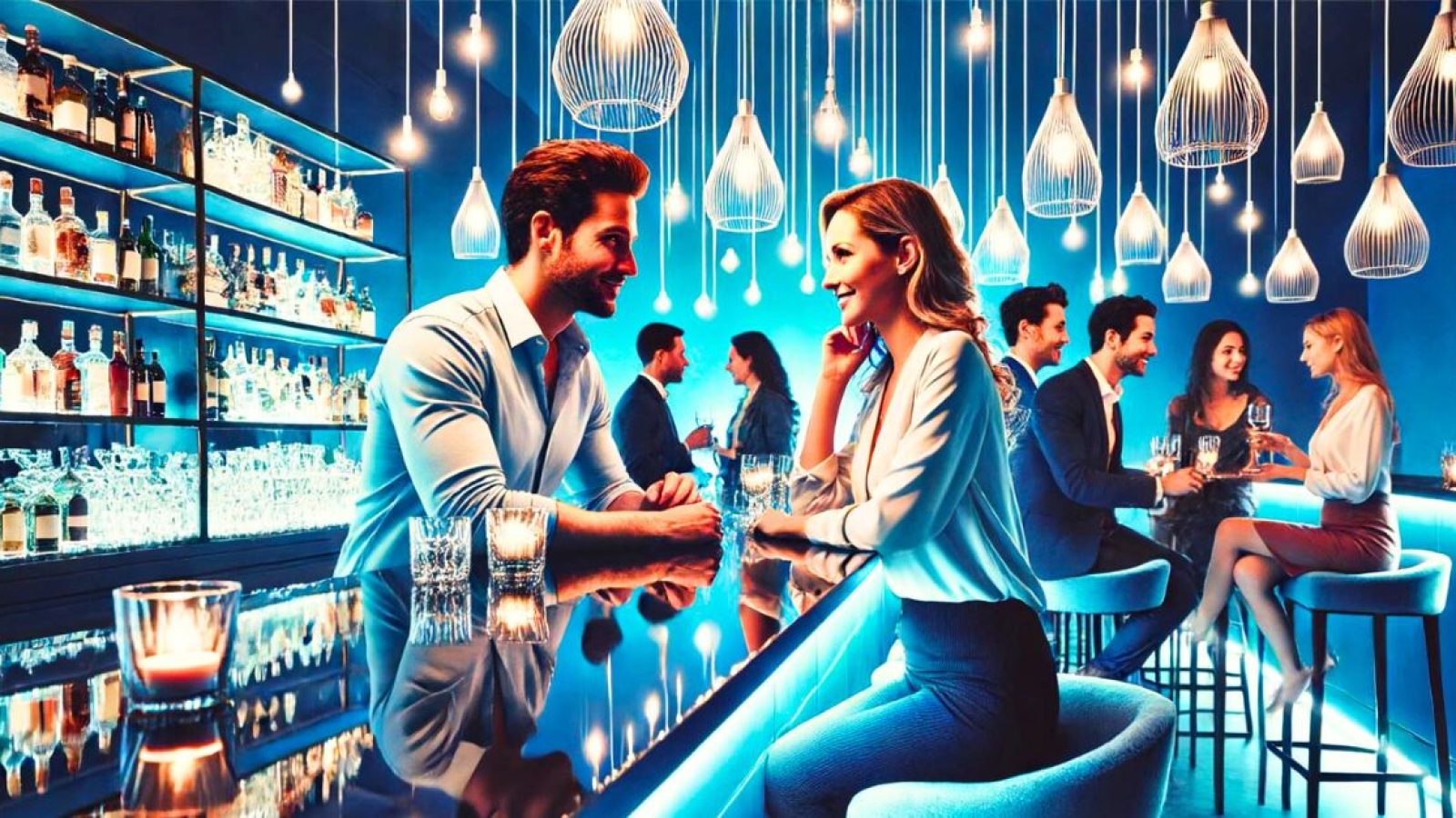 Man and woman flirting at singles event at a bar