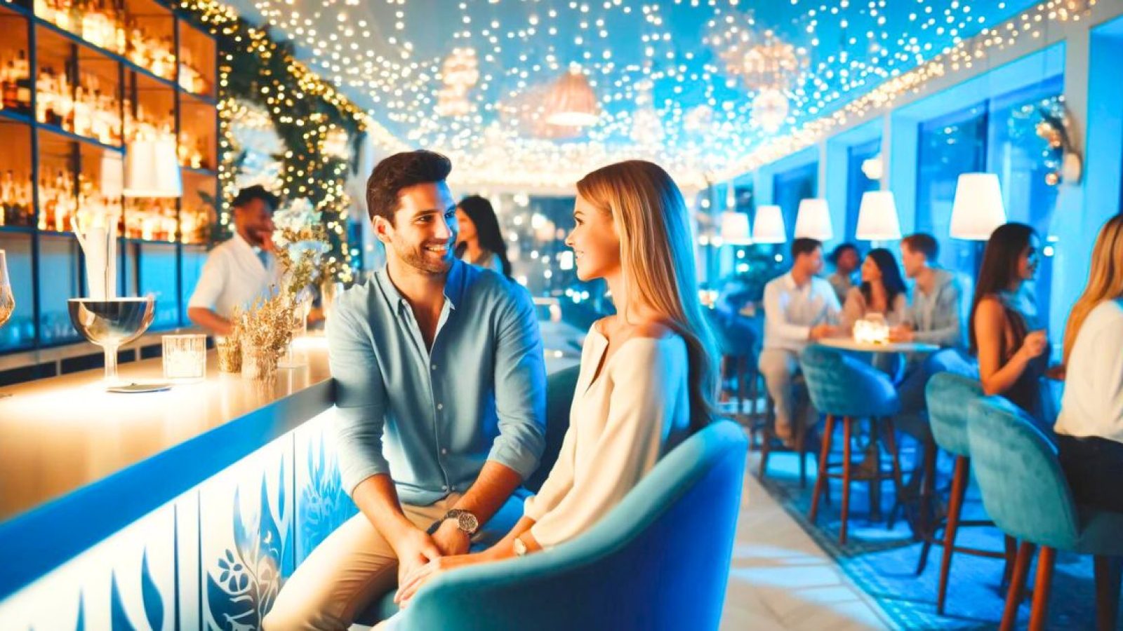 man and woman on a fast date at a singles event in a bar