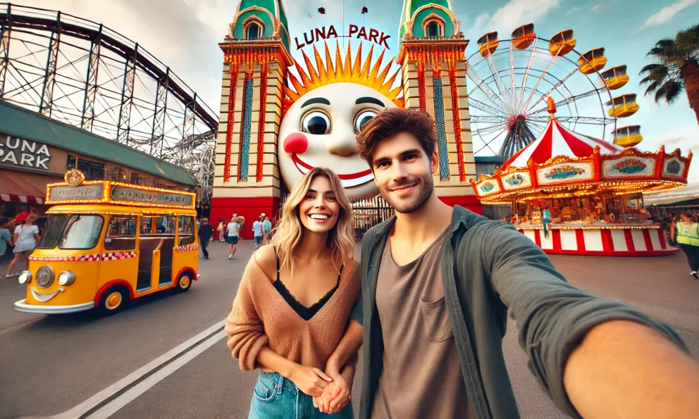 a couple visiting Luna Park Sydney