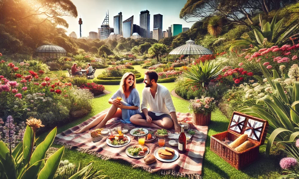 couple enjoying a picnic at the Royal Botanic Garden in Sydney