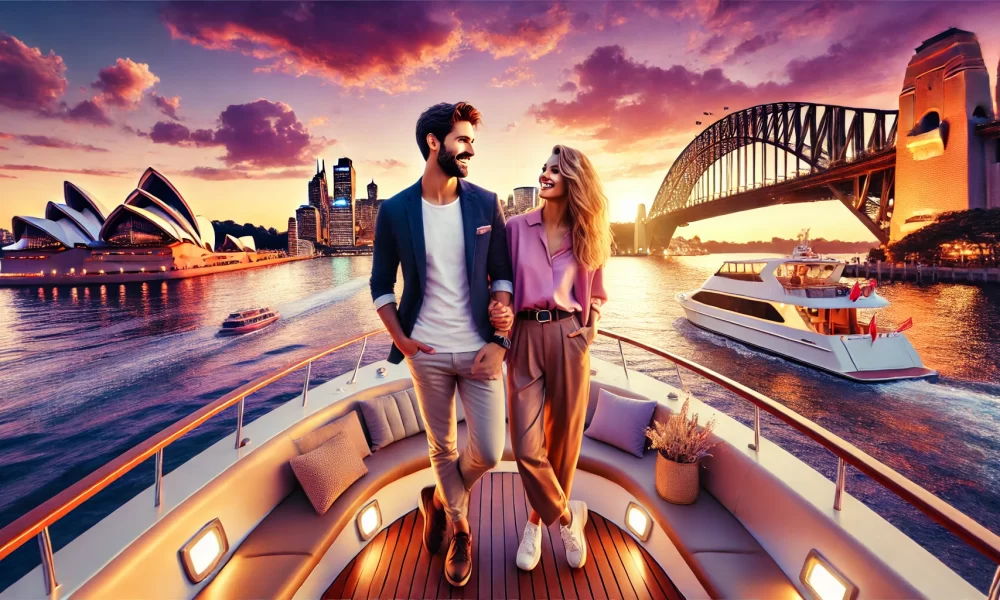 couple enjoying a sunset cruise on Sydney Harbour