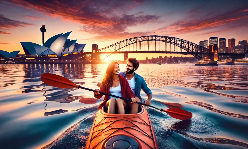 couple enjoying a sunset kayaking experience on Sydney Harbour