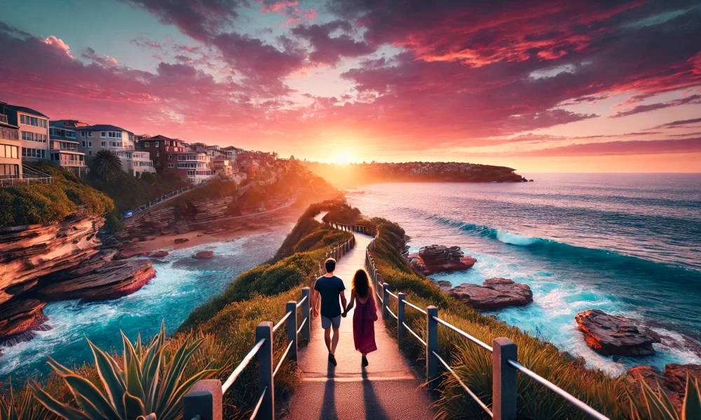 couple enjoying a sunset walk along the Bondi to Coogee Coastal Walk