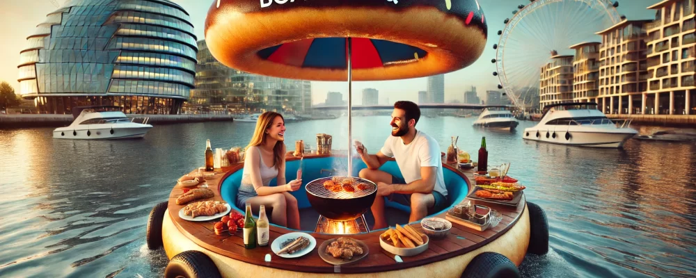 couple enjoying an Aquadonut Boat & BBQ experience in Docklands