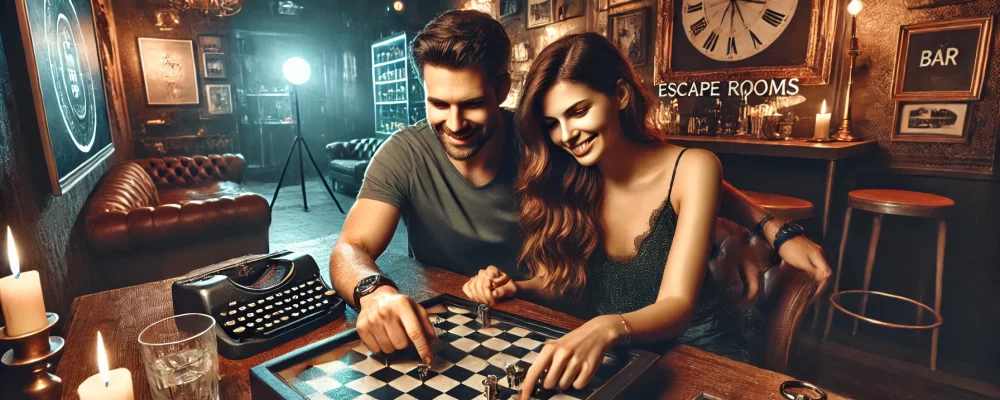 couple enjoying an escape room adventure at TRAPT Bar & Escape Rooms