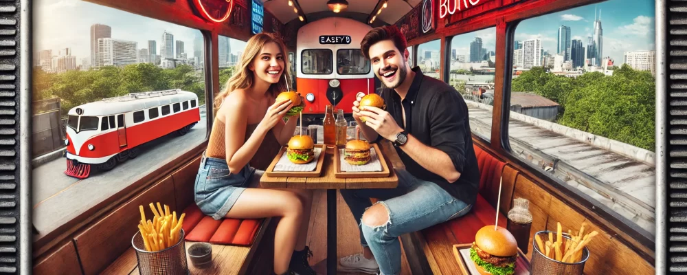 couple enjoying burgers at Easey's, dining in a train on a rooftop