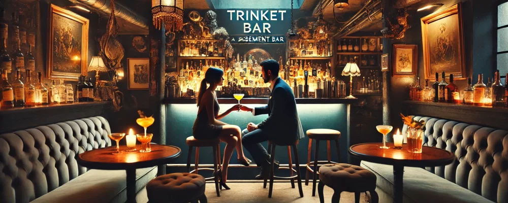 couple enjoying cozy cocktails at Trinket Bar