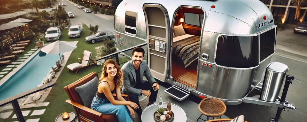 couple experiencing unique airstream accommodation at Hotel No