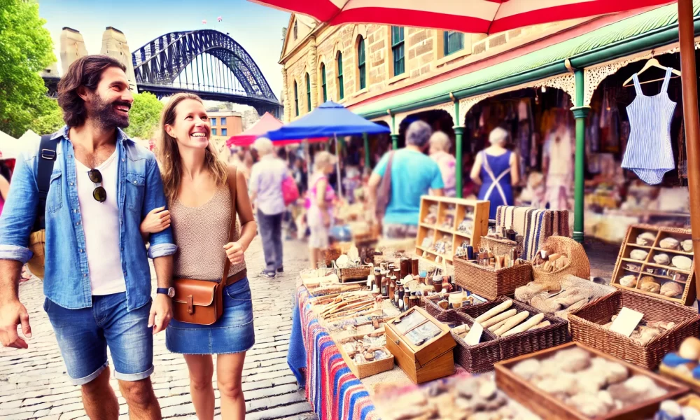 couple exploring The Rocks Markets in Sydney