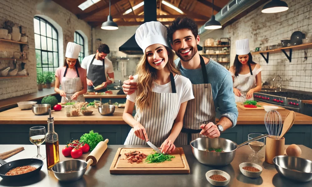 couple participating in a private cooking class at Sydney Cooking School