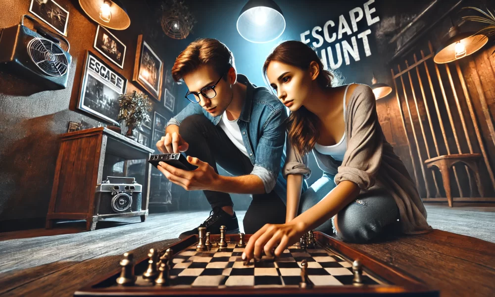 couple participating in an escape room challenge at Escape Hunt