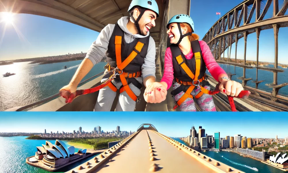 couple taking a Sydney Harbour Bridge climb