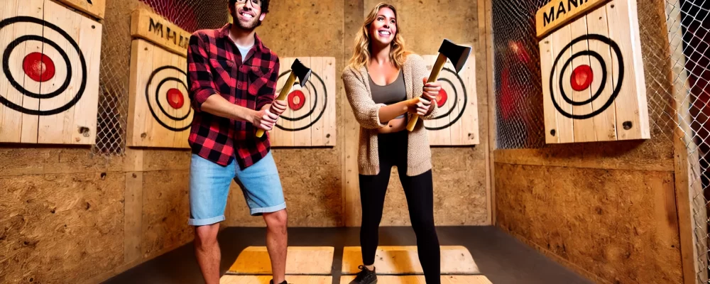 couple trying their hand at axe throwing at Maniax Axe Throwing