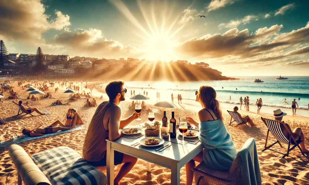 image of a couple enjoying a beach day and dinner at Manly