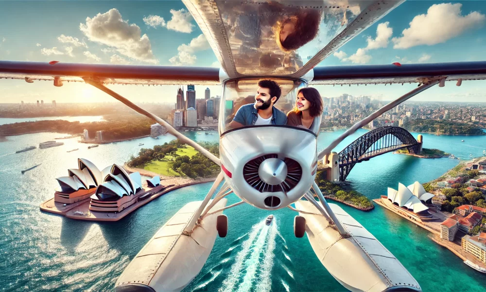 image of a couple enjoying a scenic seaplane ride over Sydney Harbour