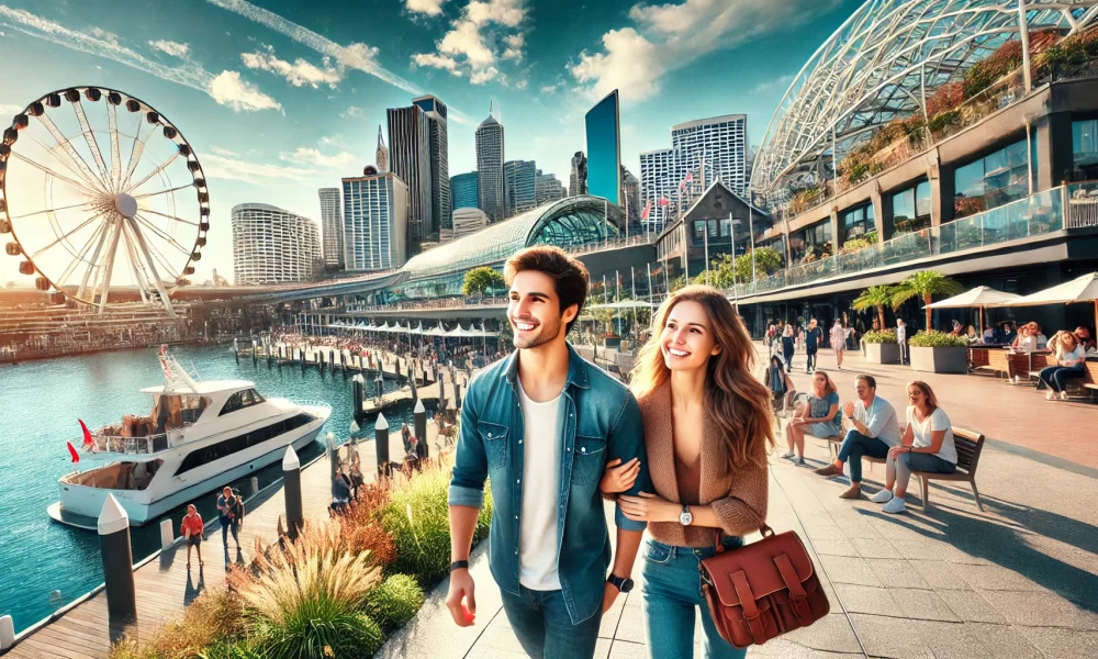 image of a couple exploring Darling Harbour and its attractions in Sydney